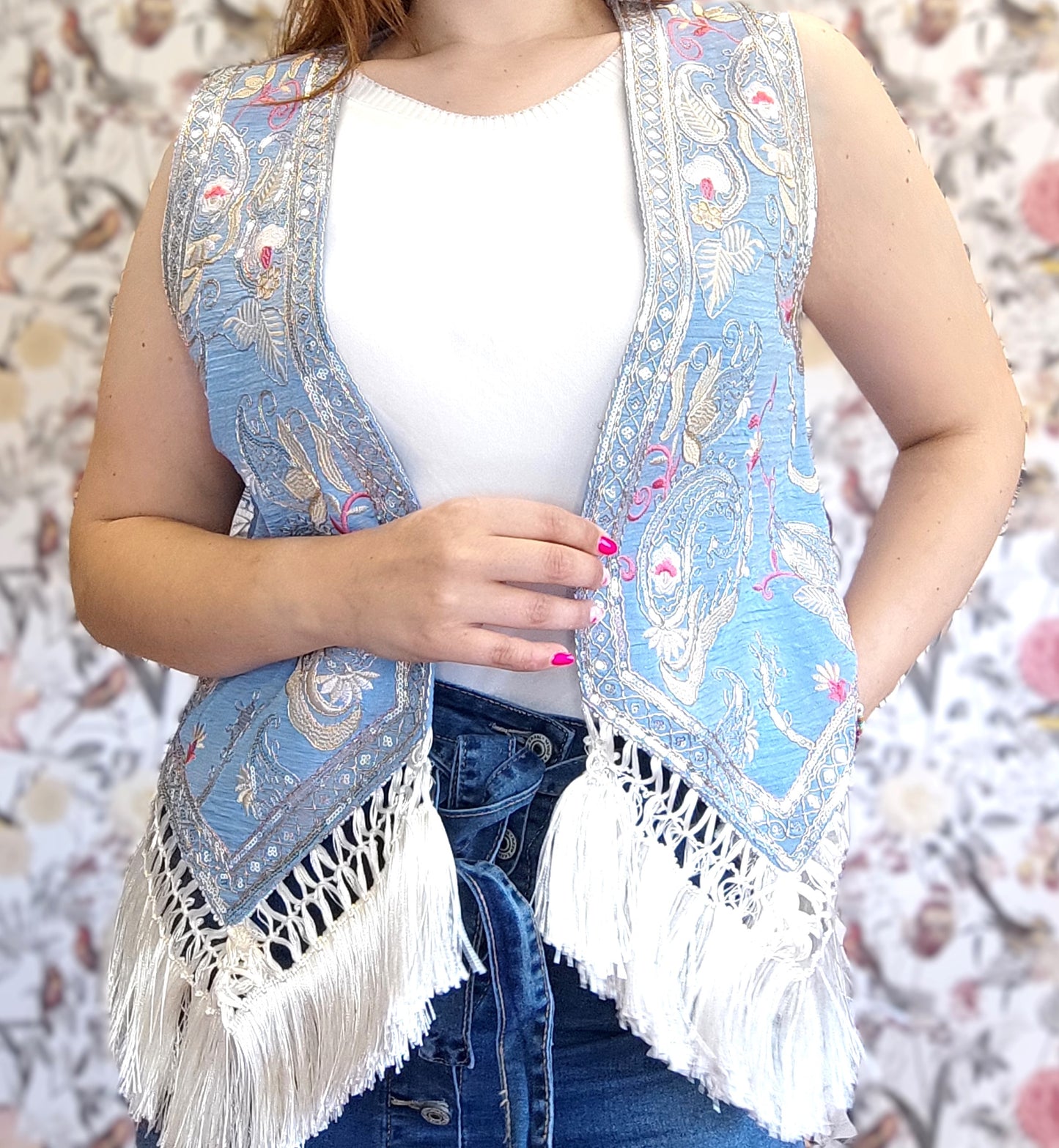 BLAUW GEBORDUURD VEST