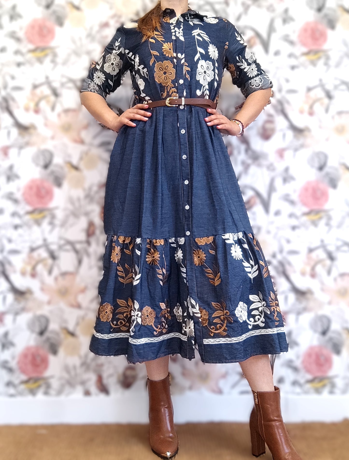 VESTIDO DENIM BORDADO MIDI